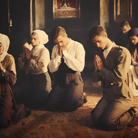 Several people are sitting on the floor praying in a room, kneeling in prayer, praying, orar meditando, vestes religiosas, slav epic, doing a prayer, praying posture, Prayer, Louvado seja o Omnissaiah, Directed by: Artur Tarnowski, historical picture, hist...