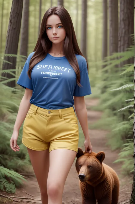 A woman standing in the forest, long brown hair, blue eyes, wearing a blue t-shirt and yellow shorts, on her feet are brown boots, the background is a dark forest, a bear is running behind her, high detail of the face, 8k --auto --s2