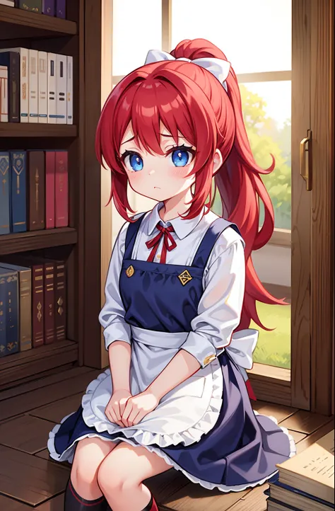 1girl, young girl, red hair, long hair, ponytail, blue eyes, apron dress, in the big house, in the library, with many books, sitting on the floor, sad, lonely