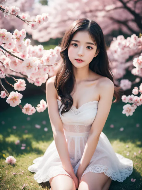 top-quality、8k picture、(Little Girl:1.5),Lace,bow ribbon,(masutepiece, side lights, Dense beautiful gray eyes: 1.2), medium breasts⁩, Realistic, Glowing eyes,Shiny hair,Black hair,Long long hair, Lustrous skin, Solo, embarrassed from,Strapless,Exquisite,be...