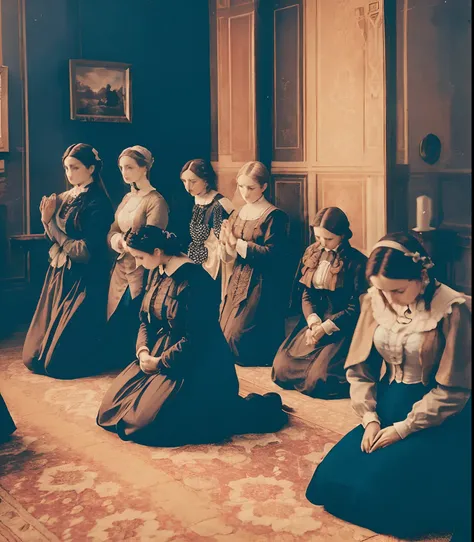 several women in period dress sitting on the floor in a room, 1 8 8 0 s estilo, kneeling in prayer, 1 8 9 0 s fotografia, prayin...