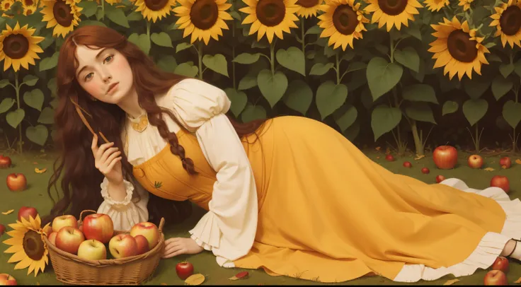 pre-raphaelite representation of the month of september: falling leaves, apple picking, harvest festival, sunflowers, equinox