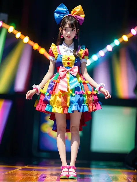 Alafe girl in colorful rainbow color dress with bow on stage, kawaii decora rainbowcore, y 2 k cutecore clowncore, style of magical girl, Anime girl cosplay, cutecore clowncore, cute colorful adorable, Cute anime waifu in a nice dress, anime girls in maid ...