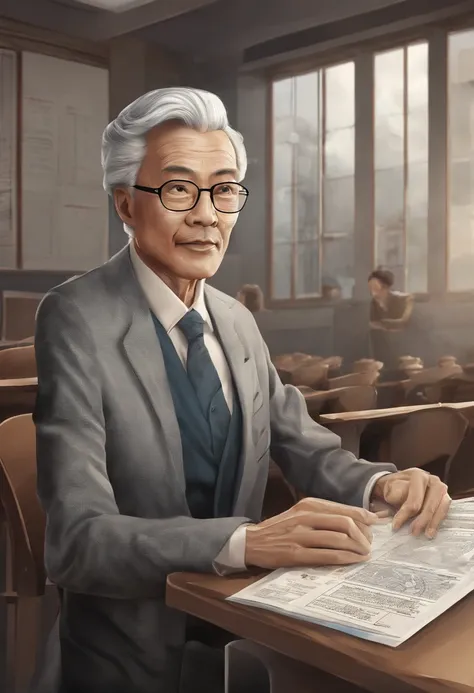 In the classroom，The teacher is lecturing the students，Gray-haired old teacher，Asian people，wears glasses，closeup cleavage，sharp focus on eyes，8K，super-fine，oil painted，Hyper-realistic，best qualtiy