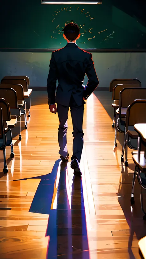 In the classroom，Boy in blue school uniform，Gather in a circle，A man stands in the middle