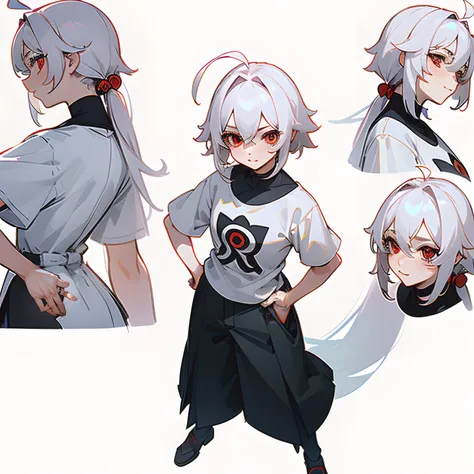 ((masterpiece)), ((high detail)), 1girl,  ((ultra-detailed)),((delicate face)),  Beautiful detailed eyes, gradient hair,hairs between eyes,1girl ,solo,white hair,red eyes,genshin_impact,white background,look at the viewer, standing,A seductive wide smiling...