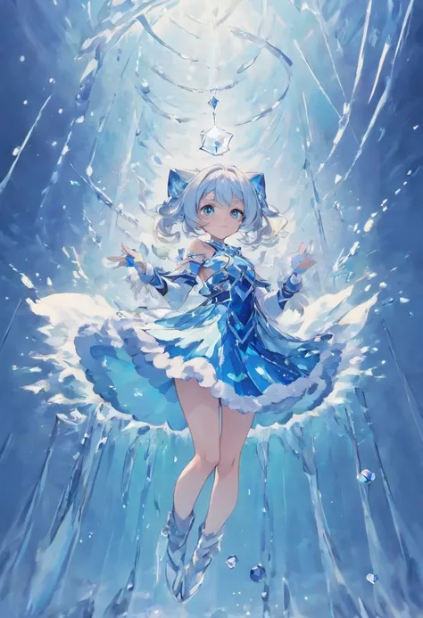 Anime characters standing in the water in blue and white costumes, ice sorceress, Ice Mage, trending on artstation pixiv, Ice crystal armor, Splash art anime Loli, Official anime artwork, full portrait of elementalist, Anime goddess, white-haired god, wall...