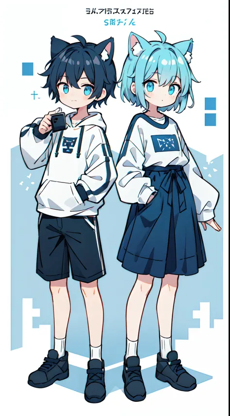 1boys，((full body Esbian、Standing picture)), Blue short hair，Blue and white cat ears，Black and white sweatshirt，ear phone，coda，laughingly