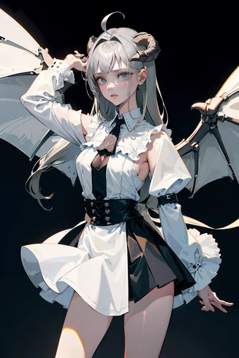 ((masterpiece, best quality)), (1girl), (solo), (female focus), (ahoge, ash blonde hair, long hair), green eyes, ((white shirt), (buttoned shirt)), ((black skirt), (short skirt)), standing, white background, arms behind back, (bat wings on the waist), (she...