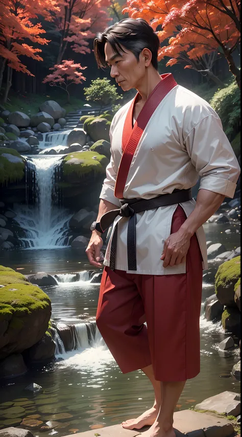 A 60 years old Japanese martial art Sensei (teacher) tech the studends new karates tricks, in the old temple where small waterfall river, beautiful red trees, peacefull environment, birds are sit on the tree, highly detailed texture, 8K UHD, shoot with Son...