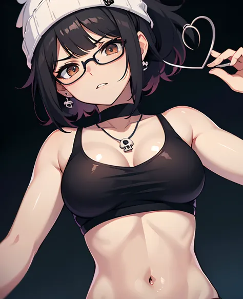 teenage, anime girl, glasses, black hair,bangs, underwears, short hair, skull earrings, skull beanie, open clothes, ponytail, medium layer hair, large breasts, high quality, armpits, looking at viewer, black background, heart necklace, medium shot