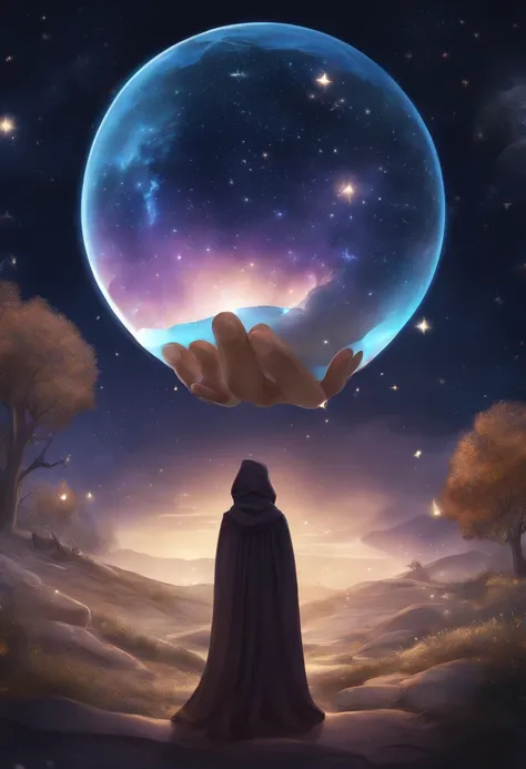 illustratio、animesque、charicature、(Best Quality,hight resolution),Holding a round crystal ball in your hand,Constellations written in a crystal ball,cloaks,The face is hidden、mysterious background