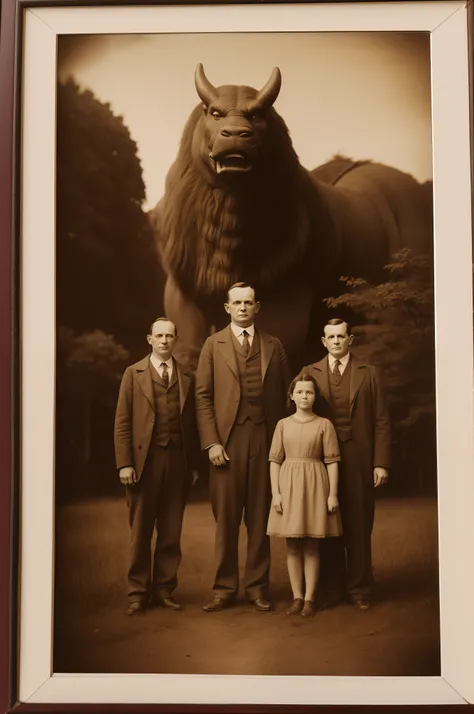 giant monsters in the background of old school family photos, sepia toned images, old Daguerreotypes styled