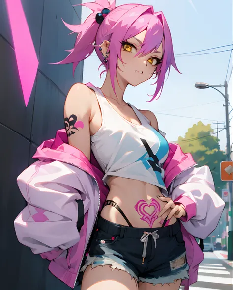 Woman, pink hair with blue streaks, tattoo, piercings, off-shoulder hoodie, white tank top, street, shorts, Anime, delinquent, yellow eyes