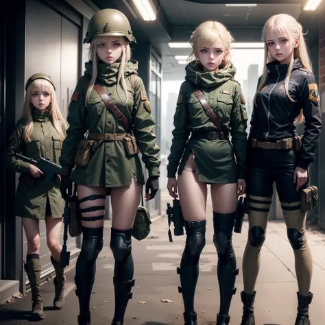 Three Ukrainian girls heading to the battlefield , Ukrainian anime girls , , Ukraine ,  Full body composition of young girl with messy bright blonde hair, eye make up, 13 year old,  Soft lighting, Solo, Old torn dirty shabby futuristic military uniform, ba...