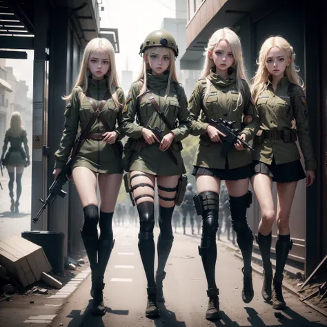 Three Ukrainian girls heading to the battlefield , Ukrainian anime girls , , Ukraine ,  Full body composition of young girl with messy bright blonde hair, eye make up, 13 year old,  Soft lighting, Solo, Old torn dirty shabby futuristic military uniform, ba...