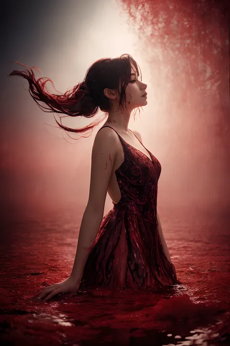 A poetic photography capturing a girl in elegant jin clothes, surrounded by swirling ink fluid effects. The girls attire is adorned with intricate patterns, and she stands gracefully amid a sea of red and black. Her expression is serene as she gazes into t...