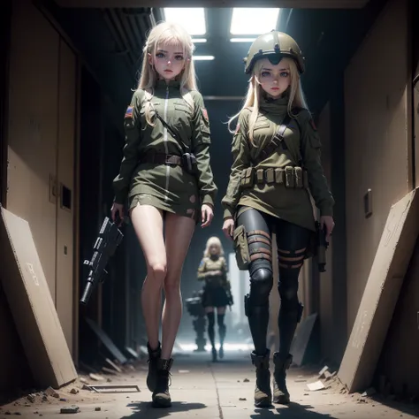 Two Ukrainian girls boarding a tank , Ukrainian anime girls , , Ukraine ,  Full body composition of young girl with messy bright blonde hair, eye make up, 13 year old,  Soft lighting, Solo, Old torn dirty shabby futuristic military uniform, badges, Pose, B...