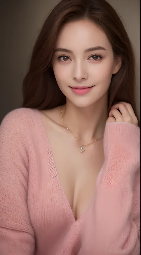 ((Night, Realistic Light, Best Quality, 8K, Masterpiece: 1.3)), 1girl, Slim Beauty: 1.4, Abs: 1.1, (Brown hair, Medium breasts: 1.3), Long pink sweater: 1.1, Bathroom, Super fine face, Delicate eyes, Double eyelids, smile, necklace