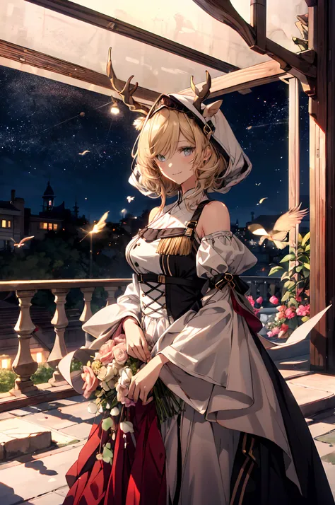 (tmasterpiece、top-quality、illustratio、Extremely high quality、high-level image quality、Extremely sensitive writing)Blonde girl standing in beautiful garden、A slight smile、She has a large bouquet、Cute national costume style dress，There are ruffles on the sho...