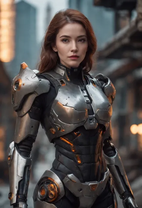 hot girl high tech Armor Dark_Fantasy,Cyberpunk,1man,Mechanical marvel ,Robotic presence ,Cybernetic guardian, wearing a worn-out mech suit, intricate, (steel metal [rusty]), elegant, clear focus, soft lighting, vibrant colors, masterpiece, ((street)), cow...