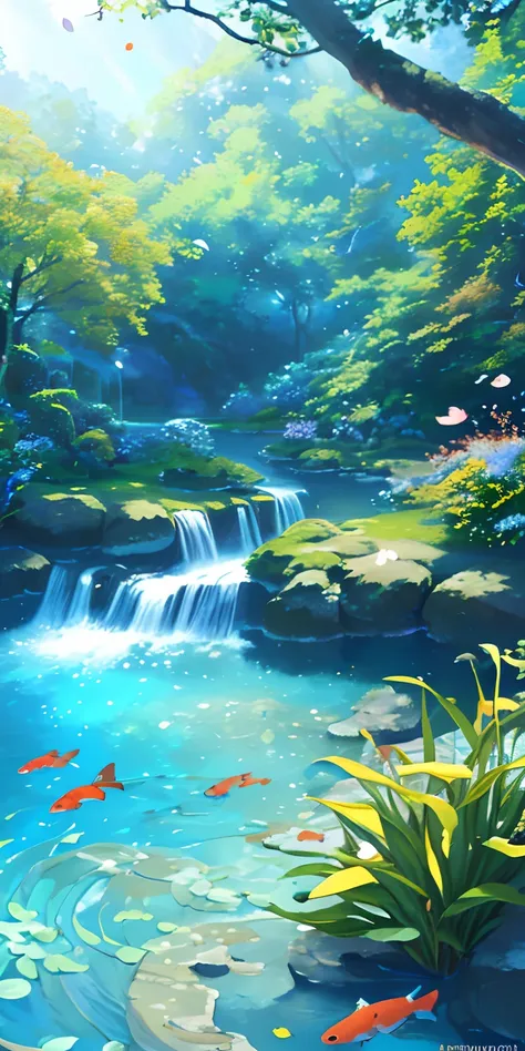 Masterpiece, best quality, (very detailed CG unity 8k wallpaper) (best quality), (best illustration), (best shadows) Nature&#39, blue sea,delicate leaves petals of various colors falling in the air light Tracking, koi fishes in the water, super detailed --...