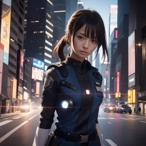 masutepiece, Super Detail, High quality, awardwinning, 8K, (Photorealistic:1.4), girl, Solo, Time Patrol, Police in time and space, Short ponytail, Futuristic uniforms, Upper body, In the city, Intelligent, vignetted, Cinematic lighting, Film grain