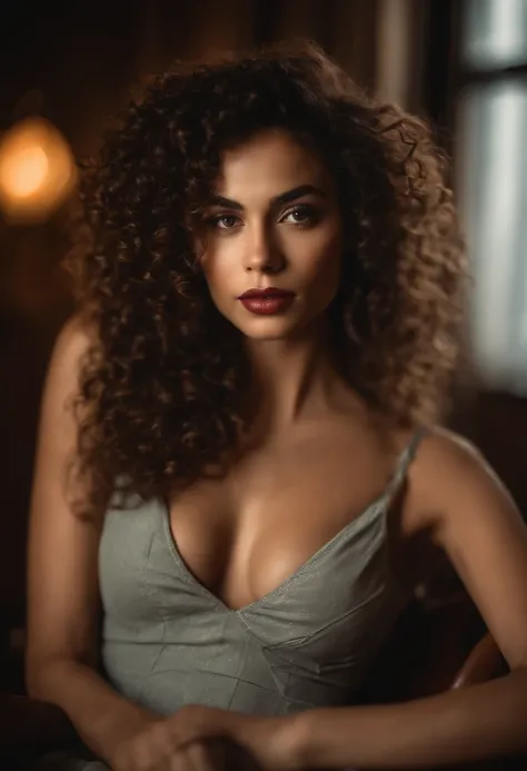 (soft focus:1.2), photo, attractive mixed woman, (beautiful face:1.1), detailed hazel eyes, luscious lips, (cat eye makeup:0.85), (medium eyes:1.0), (toned body:1.2), (curly hair:1.2), wearing (sundress:1.2) sitting on a (chair:1.2). (moody lighting:1.2), ...