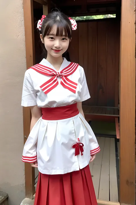 girl in old-Japan shrine,dark red and white sailor shirt,high waist dark red skirt,small ribbon bow on hair,18-year-old,bangs,a little smiles,thighs,low poneytail,from below