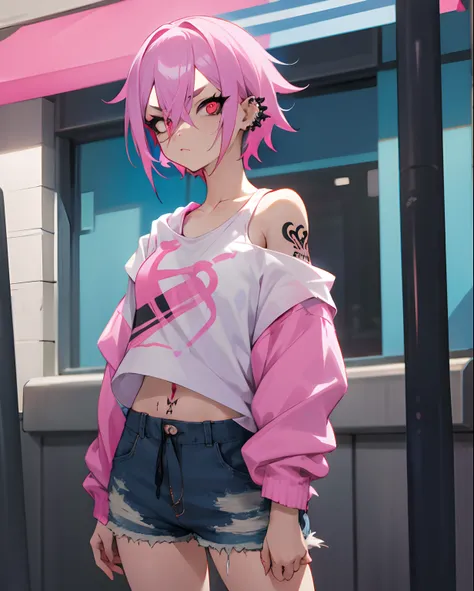 Woman, pink hair with blue streaks, tattoo, piercings, off-shoulder hoodie, white tank top, street, shorts, Anime, delinquent, Black Sclera , Red Pupils, short hair