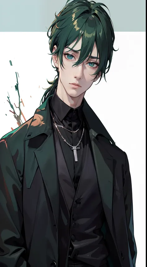 ((masterpiece, best quality)), (1men), (solo), (male focus), (ahoge, dark green hair, wavy hair), bright teal eyes, ((black shirt), (Black suit)), ((black pants), (long pants)), standing, white background, arms in the jacket pocket, (Chain necklace), cold ...