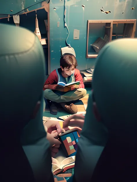 A boy reading a book between mountains