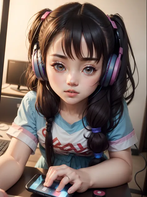 A cute girl , look like japanis anime girl, she is a gamer girl , and she had a headphones with connect her phone ,her name is aliza gaming , name show, she wear a cute dress, she setting dwon in her gaming cheir in her gaming room and she look at me in fa...