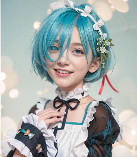 araffe girl with blue hair and a white dress posing for a picture, rei ayanami, anime girl cosplay, anime cosplay, rem rezero, mikudayo, short blue haired woman, ayanami, hatsune miku short hair, with blue hair, loli, cosplay, hatsune miku cosplay, with sh...