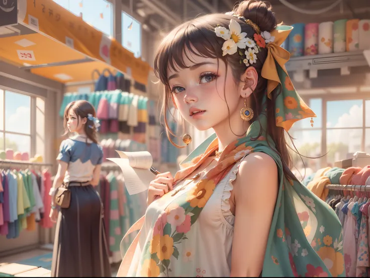 bit girl, In fabric stores, Colorful cloth, and the sun was shining brightly, the detail， 4K， k hd， high high quality.