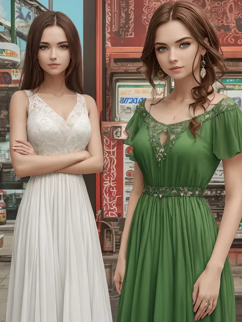 Beautiful woman, blue eyes, brown hair, wearing a white long dress, standing next to a beautiful woman, green eyes, red hair, wearing a green long dress, background is a gas station, high detail of the face, 8k --auto --s2