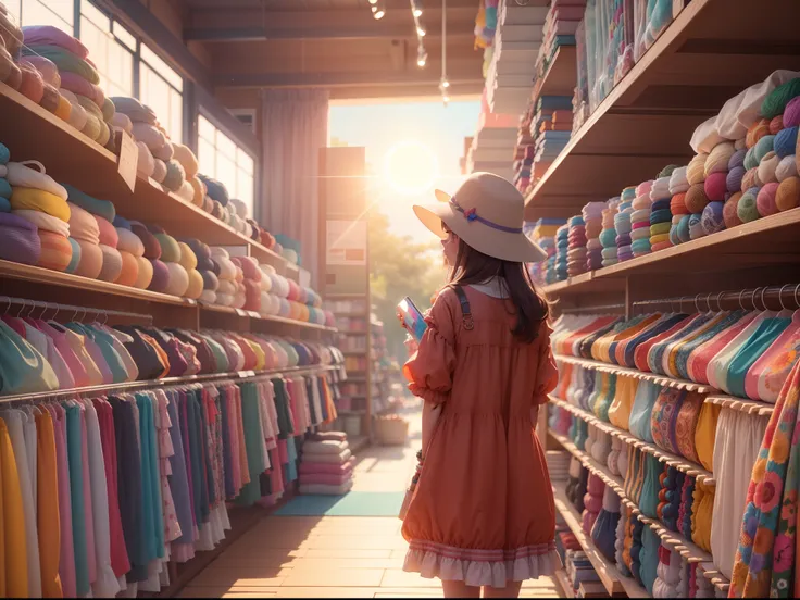 bit girl, In fabric stores, Colorful cloth, and the sun was shining brightly, the detail， 4K， k hd， high high quality.