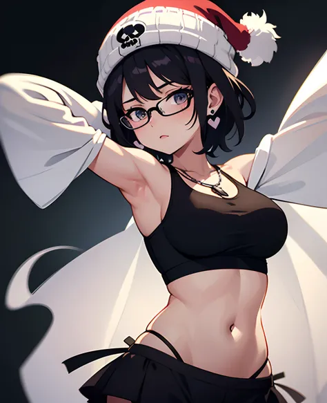 teenage, anime girl, glasses, black hair,bangs, underwears, short hair, skull earrings, black skull beanie, open clothes, ponytail, medium layer hair, large breasts, high quality, armpits, looking at viewer, black background, heart necklace, medium shot