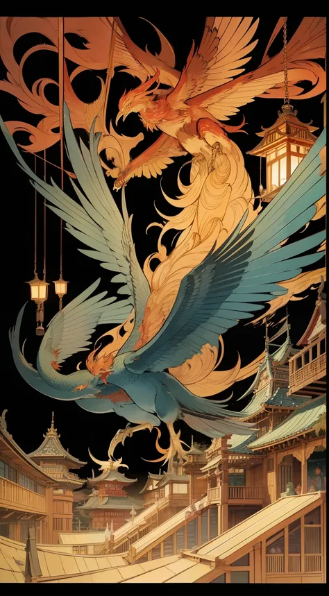 Ukiyo-e style, Anton Pieck, Walter Crane, wondrous　Firebird in a bird cage　鳥籠を持つ少女 surreal strange weird sci-fi fantasy hyperdetailed high definition high resolution high quality masterpiece