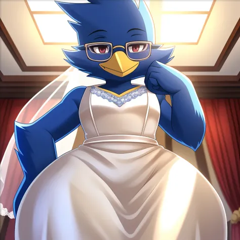 Berdly from Deltarune, glasses, smirk, solo, 1boy, white dress, wedding skirt, crossdressing, wedding veil, cartoon eyes, thick thighs, indoors, wedding, pov, perspective, anime shading, anime light, wide hips, soft background, male