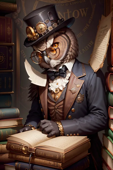 an owl in a top hat and glasses sitting on a stack of books, master owl, the professor, Shutterstock contest winner, librarian, the wisest of all owls, absolutely exceptional image, magical library, illustration!, steampunk fiction, steampunk! fiction, sto...