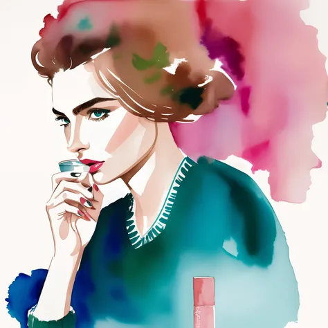 David downton fashion illustration, woman light brown thin hair blonde bob, fluffy cornflower color sweater, andreea diaconu, cute face, blue eyes, pink lipstick, work laptop, cup green tea, home studio in paris, watercolor art, hand-drawn image