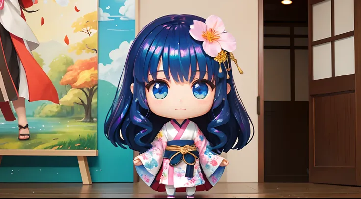 photoRealstic、Doll standing in front of the painting（nendroid）、A smile、Water droplets on the cheeks、In a cute pose、watercolor Nendoroid、(High Definition Figure)、Flowing iridescent silk、up of face、Eye Up、Komono、Kimono、There are also flowers in front of the ...