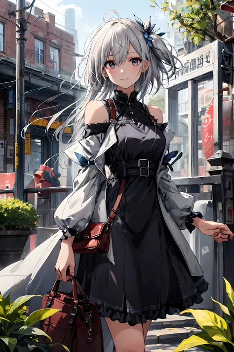 (tmasterpiece、top-quality、illustratio、Extremely high quality、high-level image quality、Extremely sensitive writing)White-haired girl standing in beautiful garden、A slight smile、She has a large bouquet、Cute national costume style dress，There are ruffles on t...