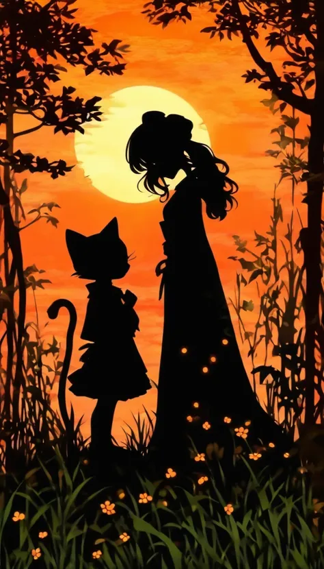 (Silhouette Art,cutouts:1.6)
(((Paper cutting art,A world where only black exists:1.3)

(Cowboy Shot),1 girl,Solo,
(Kimono Girl,profile:1.2),white, Clear and beautiful face,Black cat at feet、Full Moon Behind

break
(morning glow、purpleish color　green grass...