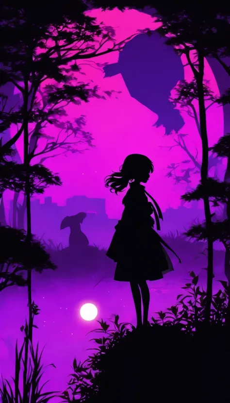 (Silhouette Art,cutouts:1.6)
(((Paper cutting art,A world where only black exists:1.3)

(Cowboy Shot),1 girl,Solo,
(Kimono Girl,profile:1.2),white, Clear and beautiful face,Black cat at feet、Full Moon Behind

break
(morning glow、purpleish color　green grass...