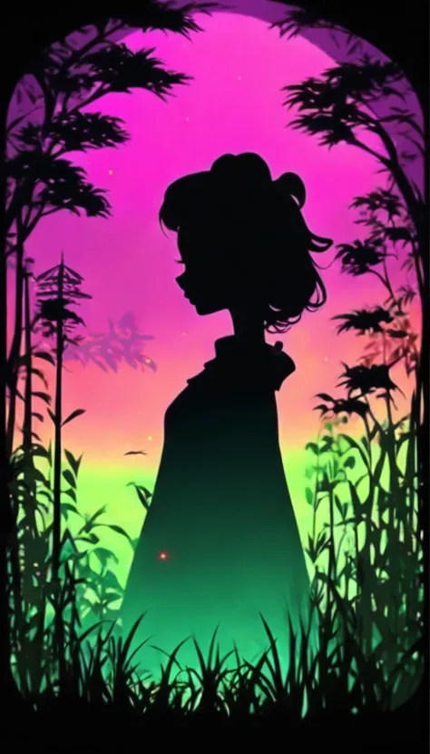 (Silhouette Art,cutouts:1.6)
(((Paper cutting art,A world where only black exists:1.3)

(Cowboy Shot),1 girl,Solo,
(Kimono Girl,profile:1.2),white, Clear and beautiful face,Black cat at feet、Full Moon Behind

break
(morning glow、purpleish color　green grass...