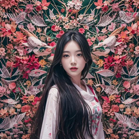 32K（tmasterpiece，k hd，hyper HD，32K）Long flowing black hair，ponds，zydink， a color， Tongzhou people （Spirit Girl）， （Red silk scarf）， Combat posture， looking at the ground， long whitr hair， Floating hair， Carp pattern headdress， Chinese long-sleeved clothing，...