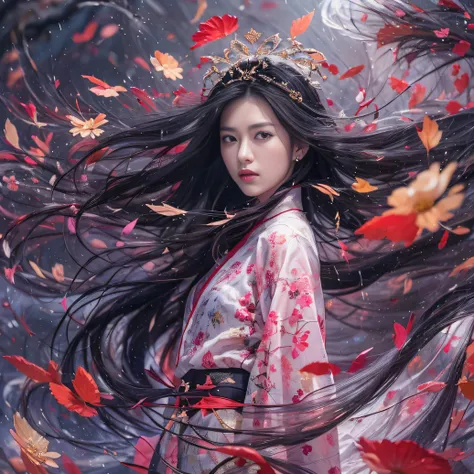 32K（tmasterpiece，k hd，hyper HD，32K）Long flowing black hair，ponds，zydink， a color， Tongzhou people （Spirit Girl）， （Red silk scarf）， Combat posture， looking at the ground， long whitr hair， Floating hair， Carp pattern headdress， Chinese long-sleeved clothing，...