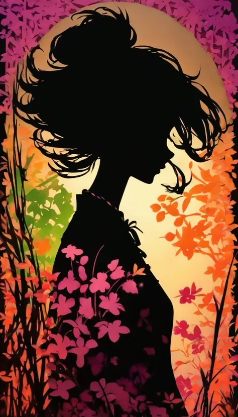 (Silhouette Art,cutouts:1.6)
(((Paper cutting art,A world where only black exists:1.3)

(Cowboy Shot),1 girl,Solo,
(Kimono Girl,profile:1.2),white, Clear and beautiful face,Sunrise behind

break
(morning glow、purpleish color　Green grass:6.1)
Textured glass...